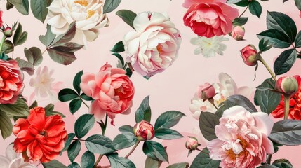 Wall Mural - Abstract watercolor flowers on a light pink background, peonies, roses, green leaves, natural floral pattern in vintage style, Asian theme