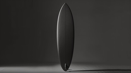 Black surfboard on a white background. The surfboard is in focus and the background is blurred.