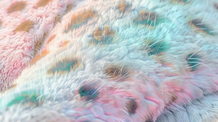  Detailed macro image of soft, multicolored faux fur displaying blurred animal spots in gentle rainbow shades perfect for a creative branding presentation or backdrop.