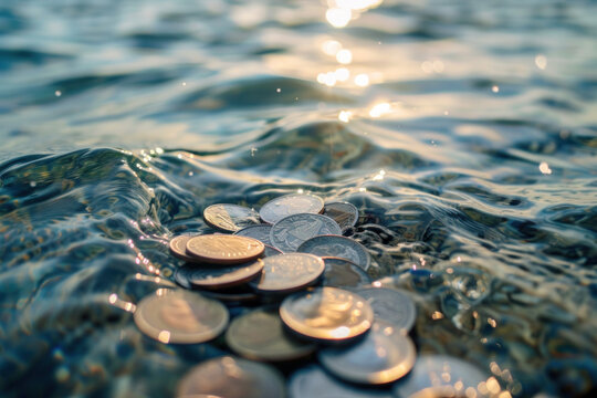 Serene image of coins shimmering underwater, symbolizing liquidity and the elusive nature of wealth in a literal reflection.
