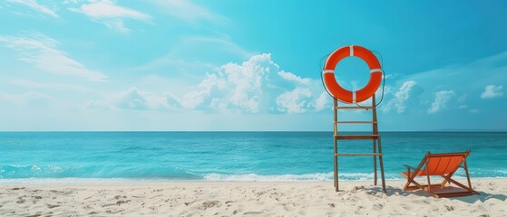 Poster - beach life guard equipment, Lifebuoys, rescue tubes, and first aid kits essential for beach lifeguards in emergency situations