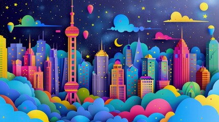 Wall Mural - A colorful paper cut work skyline with neon buildings and towers, surrounded by a midnight blue sky filled with stars for a magical 