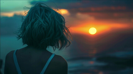 Wall Mural - woman with cyan hair standing staring into sunset 