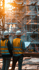 Wall Mural - Construction Site Safety Compliance Legal Expert overseeing Workers with Protective Gear in Engineering Environment