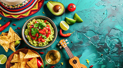flat lay image showcasing key elements of a Mexican celebration, including a bowl of guacamole with tortilla chips, a straw sombrero, a wooden ukulele, and glasses of tequila with lime wedges