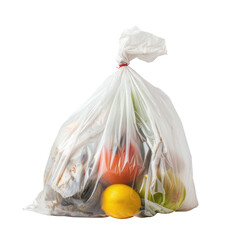 Plastic garbage bag filled with food waste, isolated on white background. Concept of waste management and environmental awareness. , transparent background