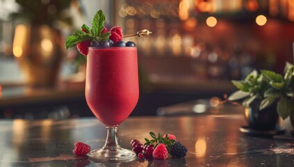 Wall Mural - a vibrant redpink berries smoothie in an elegant glass