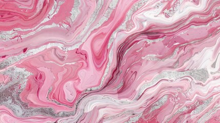 Wall Mural - A dynamic canvas print showcasing a blush pink opal liquid marble pattern, with bold waves of color creating a sense of depth and dimension. Silver streaks add a luminous effect.