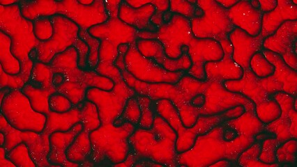 Abstract wormy structure with patterns on a red background.