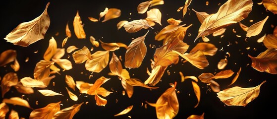 Wall Mural - golden leaves, special effects, pure black background