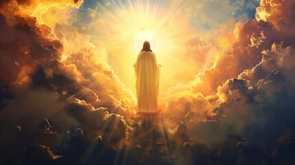 A captivating oil painting illustration of Jesus Christ's resurrection from behind, with a brilliant sunbeam breaking through the clouds, enveloping His figure in holy light.