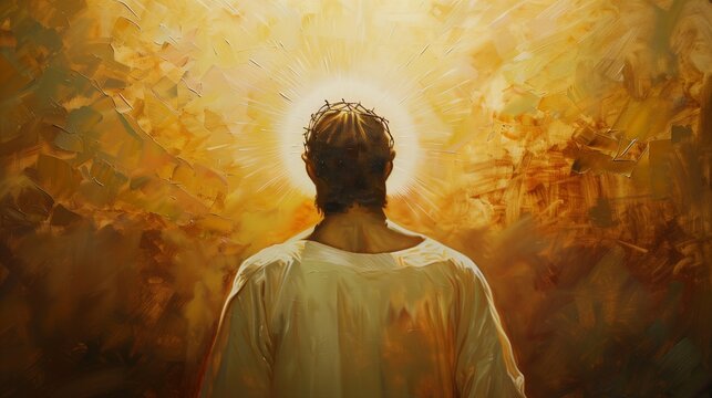 A serene oil painting depicting the resurrection of Jesus Christ from behind, with a brilliant sunbeam illuminating His figure and casting a halo of light around Him.