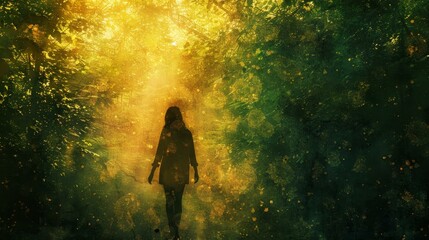 Abstract digital artwork of a woman wandering through a serene forest, bathed in dappled sunlight, capturing the essence of tranquil nature.