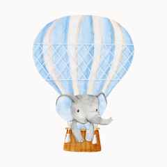 Watercolor baby elephant standing in hot air balloons and wearing a bow tie. African baby animal for baby shower boy, nursery decorations, birthday invitations vector