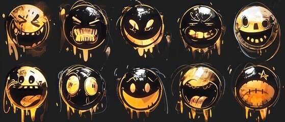 Wall Mural - gold Emoji smiles edgy caricatures on black background