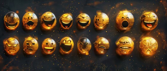 Wall Mural - gold Emoji smiles edgy caricatures on black background