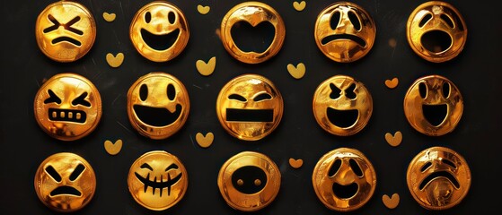 Wall Mural - gold Emoji smiles edgy caricatures on black background