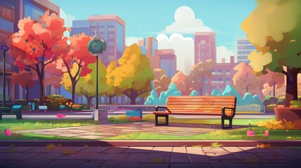 Wall Mural - A park scene with a bench and a few trees