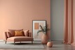 © Mudassir - Peach fuzz ,empty room ,minimal interior livingroom. peach color paint wall. color of the year 2024 . Mockup background. 3d render