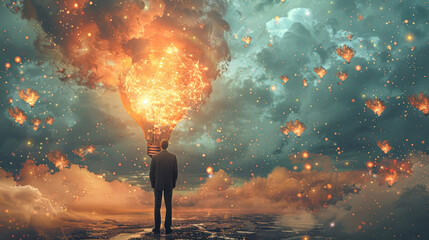 Wall Mural - A man stands in front of a glowing light bulb