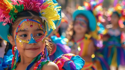 A young girl with colorful face paint and a flower headdress smiles during a carnival celebration.