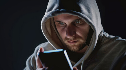 Close-up of a man in a hoodie using smartphone to scam, phishing and criminal concept