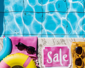 Poolside Sale Event: Inflatables, Sunglasses, and Retail Offers - seasonal sale concept  - Retail advertising image - Summer sale banner - Advertise Your Summer Specials - Commercial sale image 