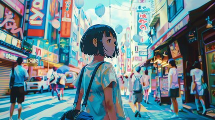 A young girl with short black hair stands in a busy street in Japan. She is wearing a blue shirt and a black backpack.