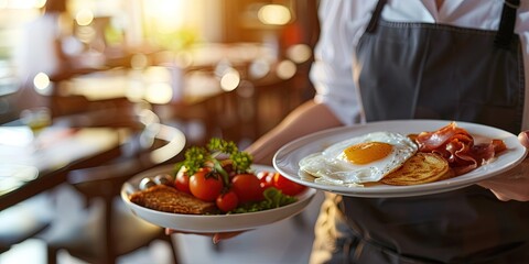 waitress holding breakfast plate in a cafe or restaurant