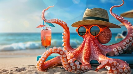 Wall Mural - A cute pink octopus in sunglasses and with a tropical cocktail is relaxing on a sun lounger on the beach. The concept of a vacation at sea.