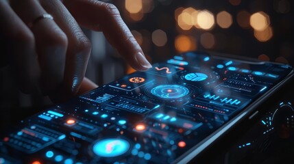 A user interacting with a mobile app on a sleek smartphone, minimalist interface design, glowing blue icons, intuitive navigation, seamless user experience, Modern Tech style