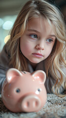 Canvas Print - Thoughtful Girl Saving Money Candid Portrait with Piggy Bank in Living Room Setting for Financial Education Materials