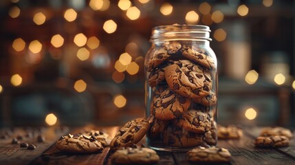 Wall Mural - Glass jar filled with chocolate chip cookies, cozy kitchen lighting, rustic and inviting scene 8K , high-resolution, ultra HD,up32K HD