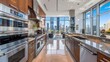 © Somvang - A luxurious, modern kitchen with gleaming stainless steel appliances, marble countertops, and a panoramic view of the city skyline through floor-to-ceiling windows