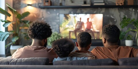 Family watching TV - family movie night at home in the living room on the couch and television set