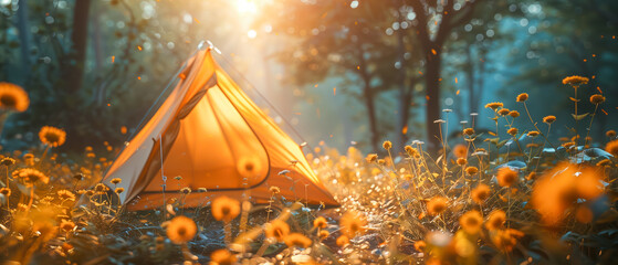 close up to a tent in camp in the forest