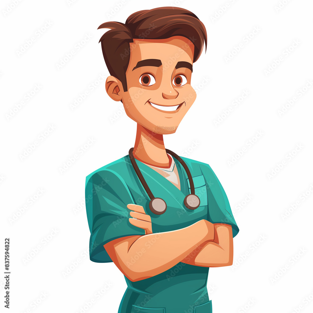 A cartoon man in a green scrub suit is smiling and holding his arms  crossed. He is a doctor and he is happy Stock Photo | Adobe Stock, image size:1000x1000