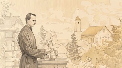 Wall Mural - Saint John Neumann building a church, missionary and educator, determined expression, beige background, Biblical Illustration, copyspace