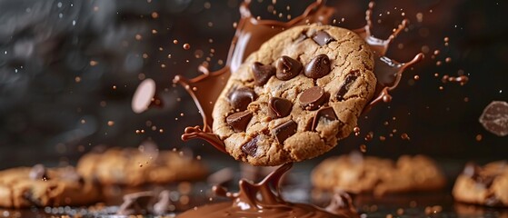 Chocolate chip cookie midair, surrounded by splashing chocolate and milk, dark background, vibrant and appetizing 8K , high-resolution, ultra HD,up32K HD