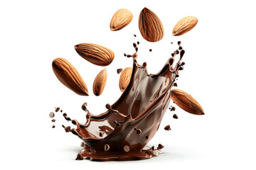 Wall Mural - Almond nuts in chocolate splashes  on white background. Vegan food concept.