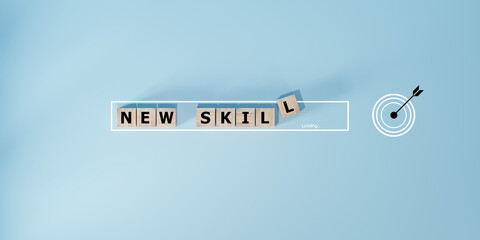 skills icon on wooden cube. Upskilling and personal development concept. Skill training, education, learning, ability. Upskilling, reskilling,