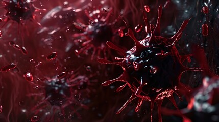 Wall Mural - A 3D vector image of a harmful virus spreading through the bloodstream, shown in dark tones