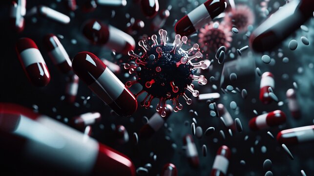 A dark-toned 3D vector image of a virus being neutralized by medication