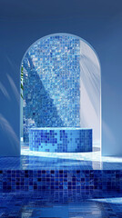 Sticker - Elegant Blue Mosaic Podium with Geometric Patterns in Minimalist Setting for Beauty Product Showcase