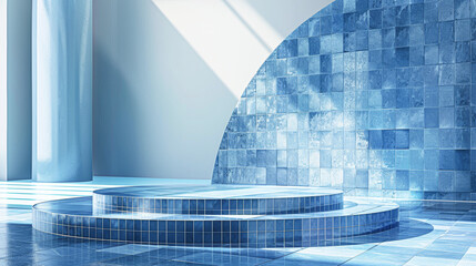 Poster - Shimmering Blue Geometric Mosaic Podium for Luxury Cosmetics Display in Modern Abstract Setting