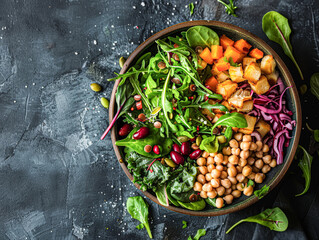 Sticker - Fresh and Nutritious Warm Salad Bowl with a Variety of Greens, Legumes, and Proteins on Wooden Surface with Copy Space