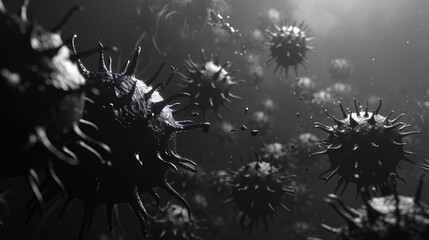 Wall Mural - A 3D vector illustration of the mutation process of a virus, shown in dark tones