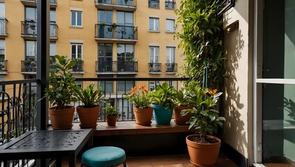 Wall Mural - The vibrant array of potted plants adorning a city dweller's balcony ai_generated 