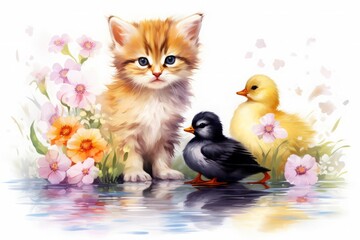 vector illustration style, Charming animal friends, a kitten and a duckling, playing together near a pastel pond, surrounded by blooming flowers, vivid colors captured in high detail, isolated on whit