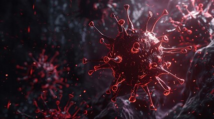 Wall Mural - A dark-toned 3D vector illustration of a virus spreading through human tissue